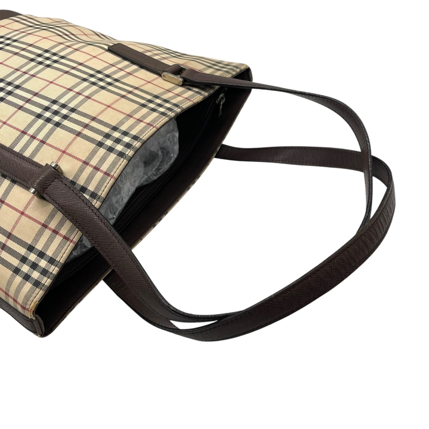 バーバリー BURBERRY トートバッグ ノバチェック キャンバス レザー ベージュ ブラウン 茶 シルバー金具 バケツ型 ロゴ型押し レディース A8