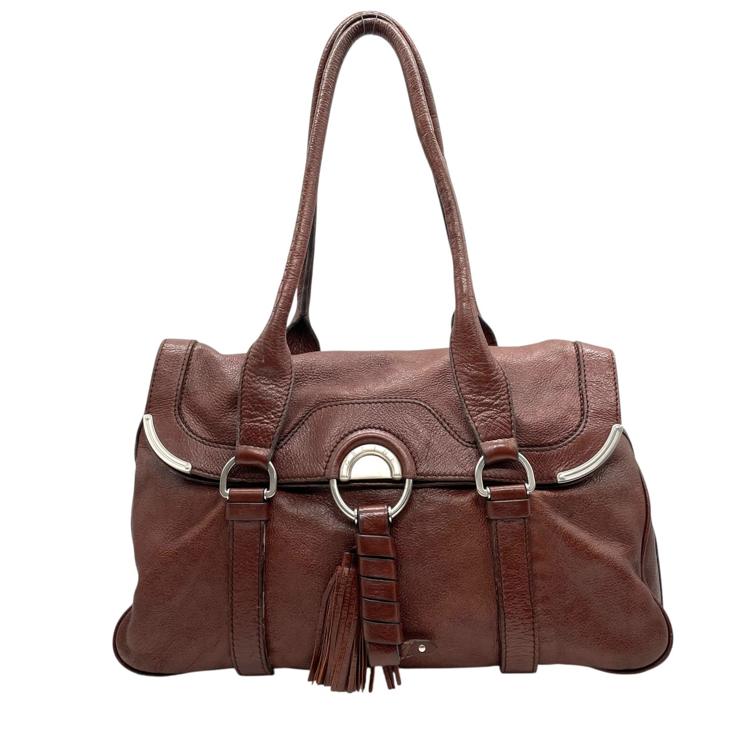 セリーヌ CELINE トートバッグ ハンドバッグ ロングハンドル フラップ 茶色 ダークブラウン レザー タッセル付き シルバー金具 K8