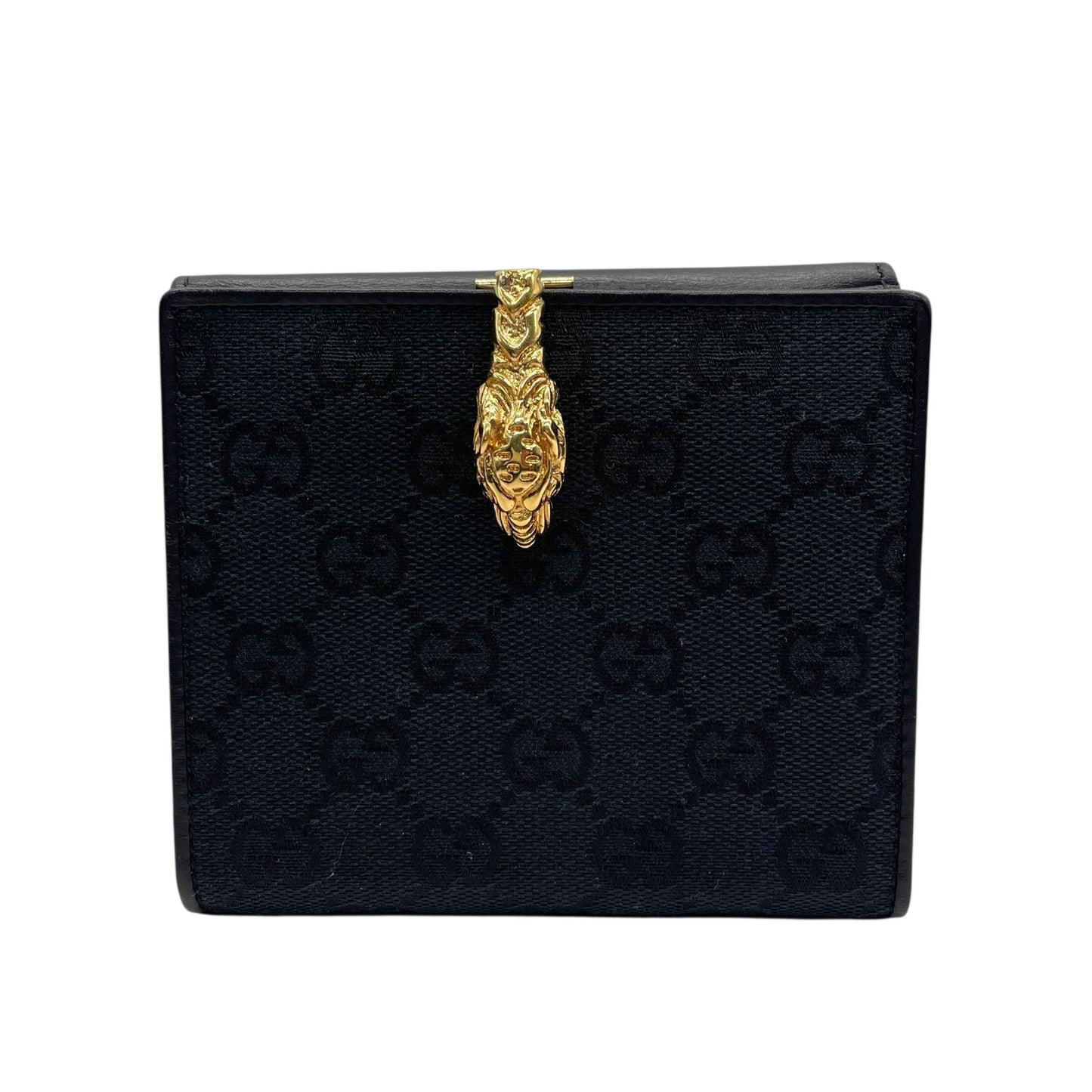 【美品】GUCCI グッチ GGキャンバス タイガーヘッド 二つ折り財布 コンパクトウォレット GG柄 虎 キャンバス レザー ブラック ゴールド金具 ヴィンテージ レディース M2