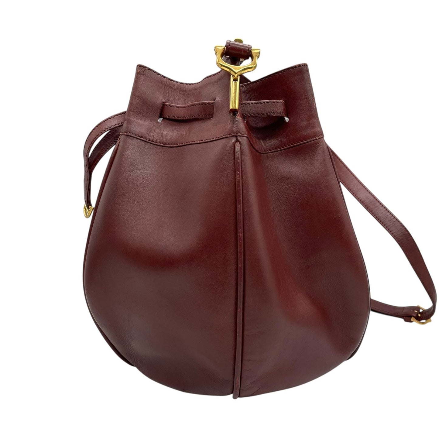 カルティエ マストライン ショルダーバッグ 巾着型 ボルドー ワインレッド レザー ゴールド金具 ロゴ型押し ヴィンテージ レディース A8