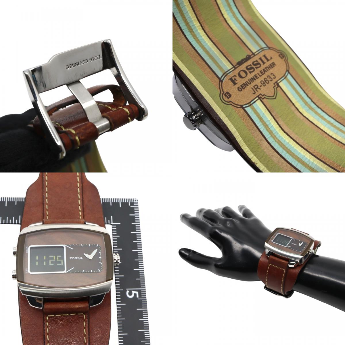 【美品/稼働品】フォッシル 腕時計 JR-9633 アナデジ ウッド調文字盤 カフレザー ワイドベルト ブラウン シルバー メンズ クオーツ ヴィンテージ レトロ 個性的 デザインウォッチ ストリート カジュアル G9