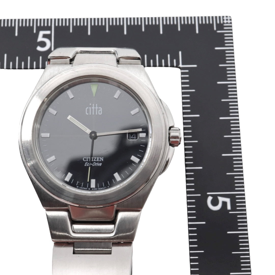 【美品/稼働品】シチズン チッタ Citta エコドライブ 腕時計 A160-H15696 メンズ ソーラー デイト ブラック文字盤 シルバー ステンレス ビジネス カジュアル シンプル ファッション ウォッチ G10 citizen