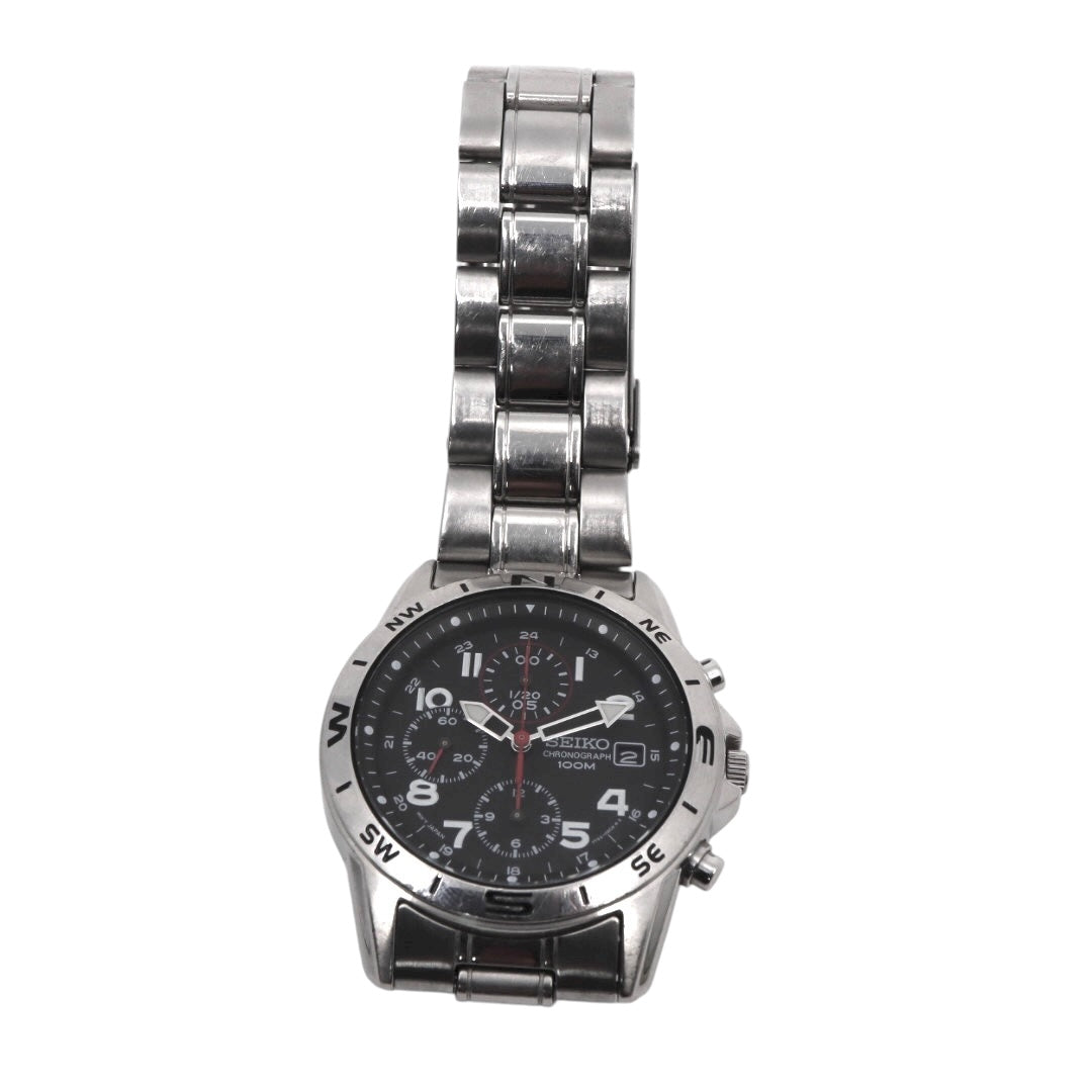 【美品/電池交換済】セイコー クロノグラフ 7T92-0DX0 腕時計 メンズ 100M防水 クオーツ ステンレス ブラック文字盤 シルバー アナログ デイト表示 方位計 スポーツウォッチ ビジネス カジュアル ファッション G10