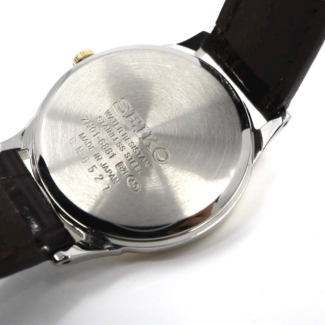 SEIKO セイコー 7N01-6881 ゴールドトーン ベゼル テクスチャー文字盤 クォーツ レディース ステンレス レザーベルト 上品 エレガント ウォッチ G11