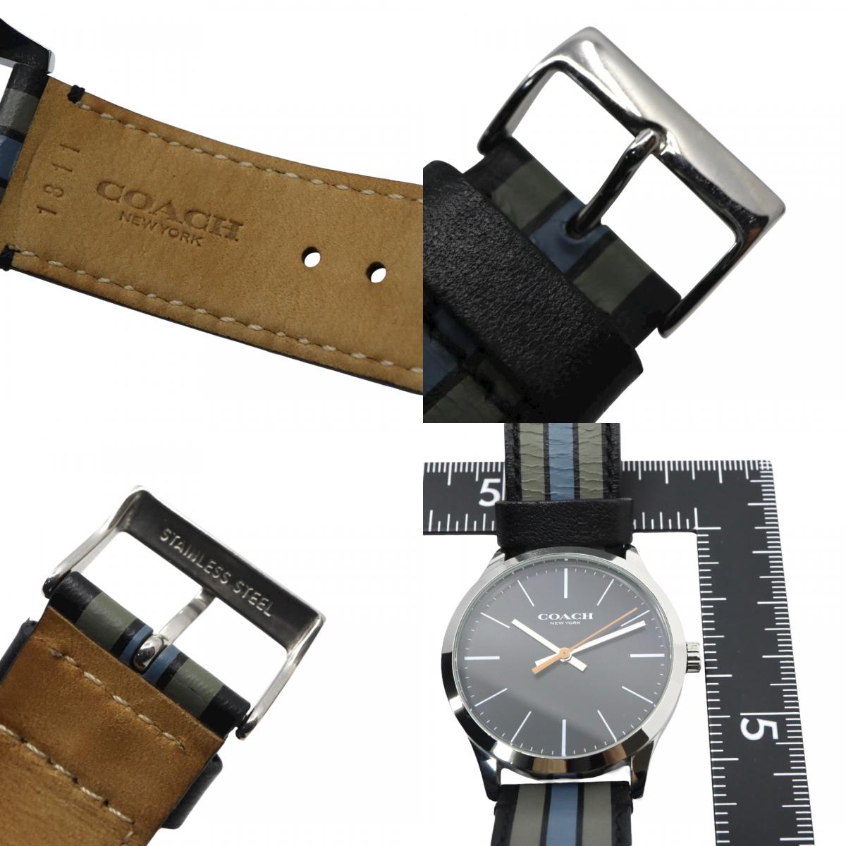 【美品】コーチ COACH 腕時計 メンズ チャールズ Charles ブラック シルバー マルチカラー ストライプ レザー CA.118.2.112.1537 クォーツ アナログ 3針 ビジネス カジュアル シンプル 個性的 希少 ビッグフェイス G11