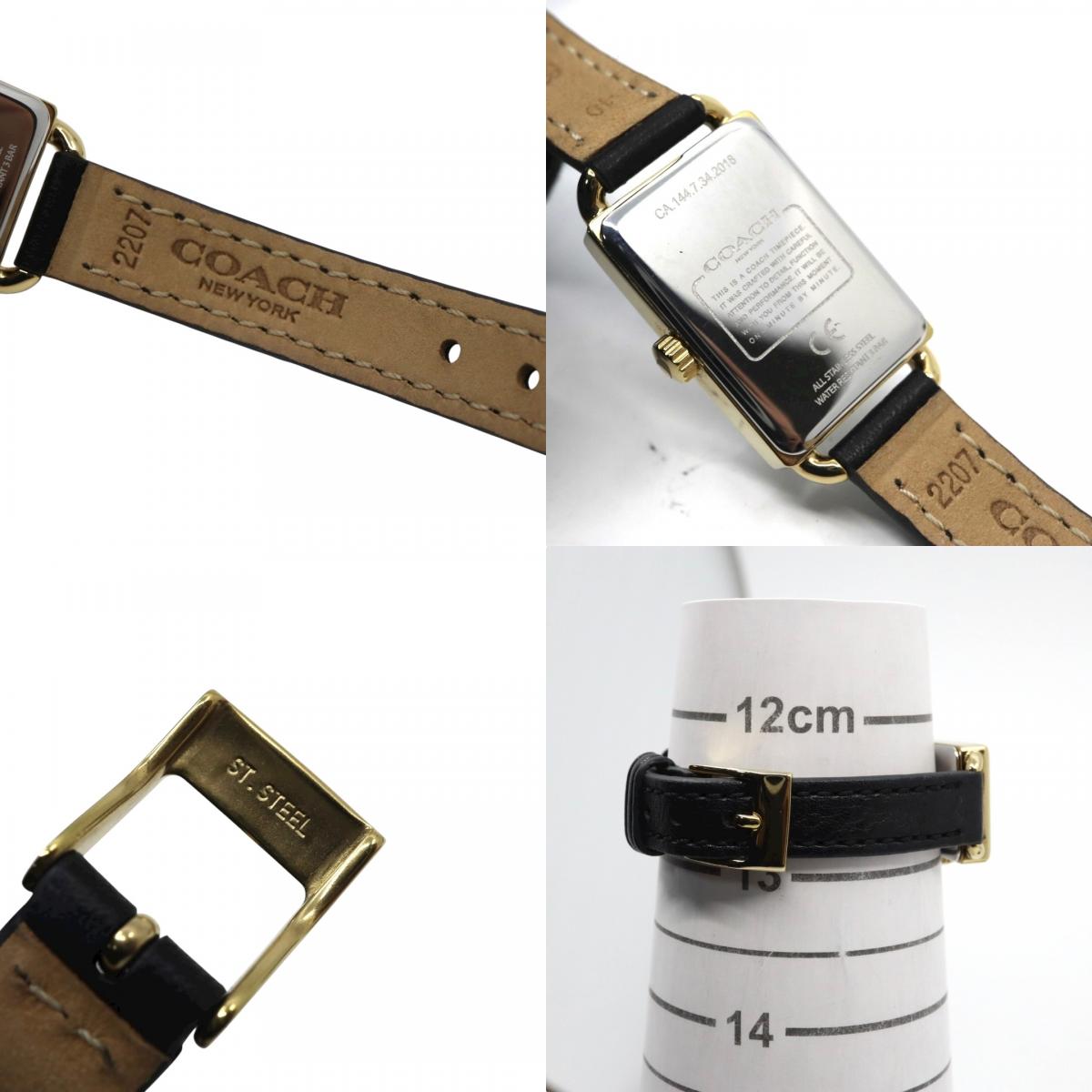 【美品】コーチ COACH 腕時計 レディース Cadie キャディ ゴールド シルバー ブラック レザー レクタンギュラー スクエア CA.144.7.34.3634 クォーツ アナログ 2針 シンプル クラシック エレガント 上品 アールデコ調 G11