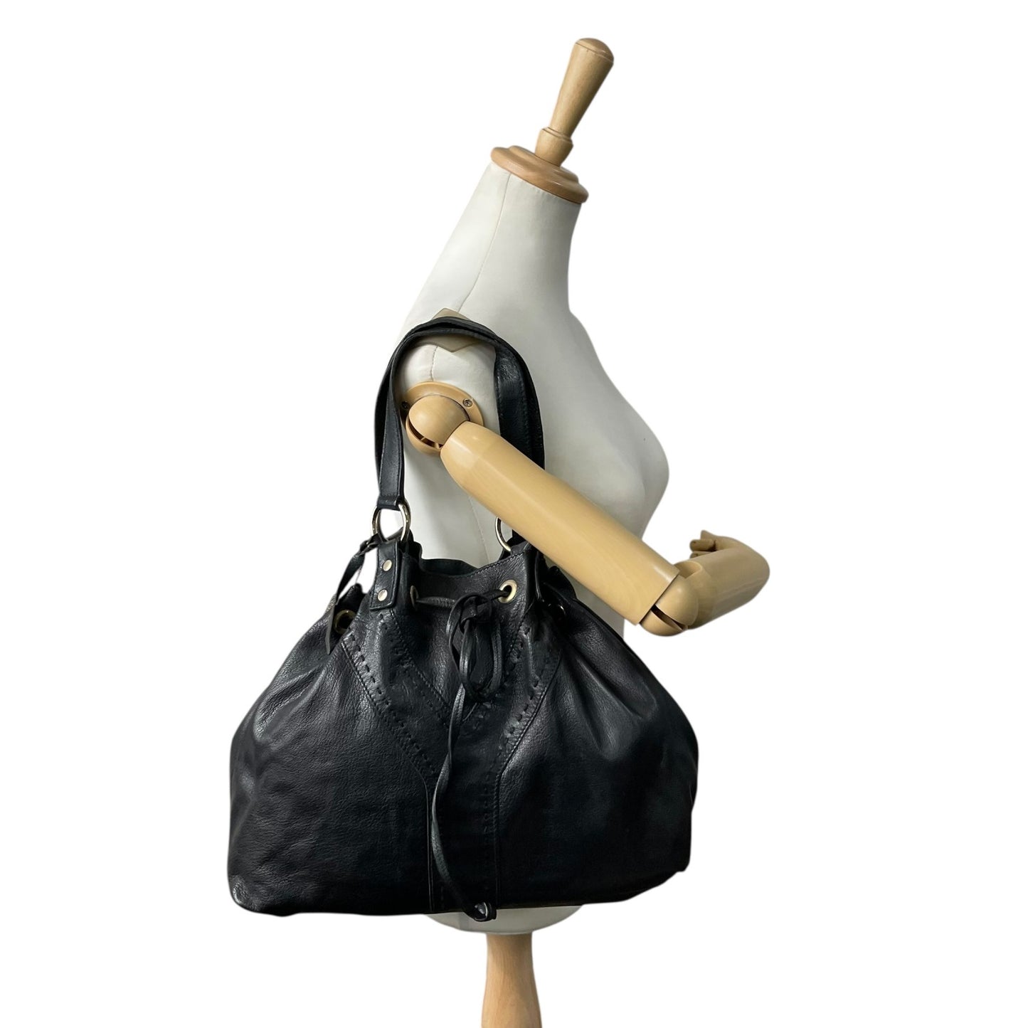 イヴ・サンローラン YVES SAINT LAURENT ネオ ダブル 巾着 レザー トートバッグ ブラック ゴールド金具 ヴィンテージ 肩掛け 収納力抜群 D7