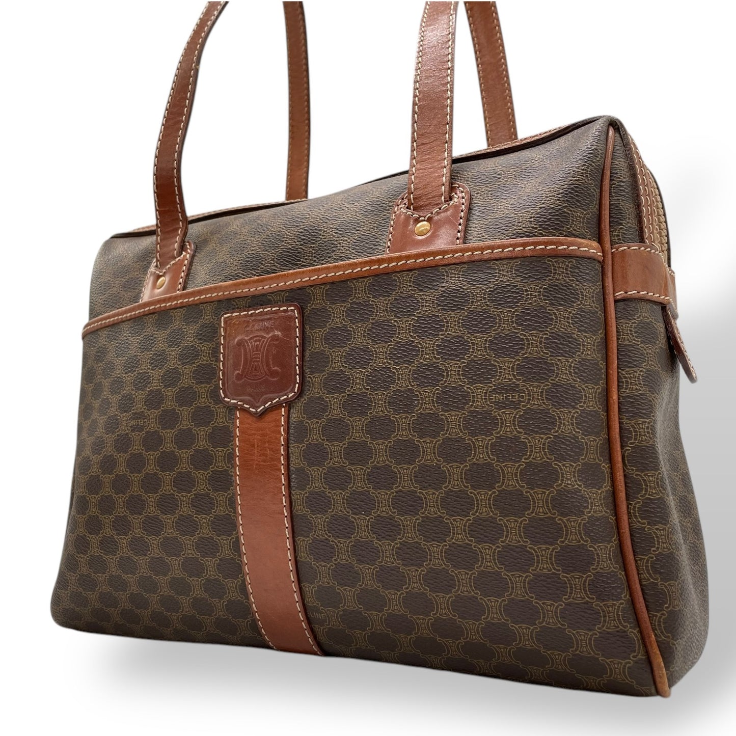 CELINE セリーヌ オールドセリーヌ マカダム柄 ハンドバッグ ショルダーバッグ ワンショルダー 肩掛け PVC レザー 本革 ブラウン 茶色 ゴールド金具 ファスナー開閉 ヴィンテージ K12