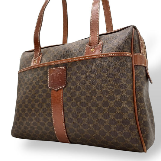 CELINE セリーヌ オールドセリーヌ マカダム柄 ハンドバッグ ショルダーバッグ ワンショルダー 肩掛け PVC レザー 本革 ブラウン 茶色 ゴールド金具 ファスナー開閉 ヴィンテージ K12