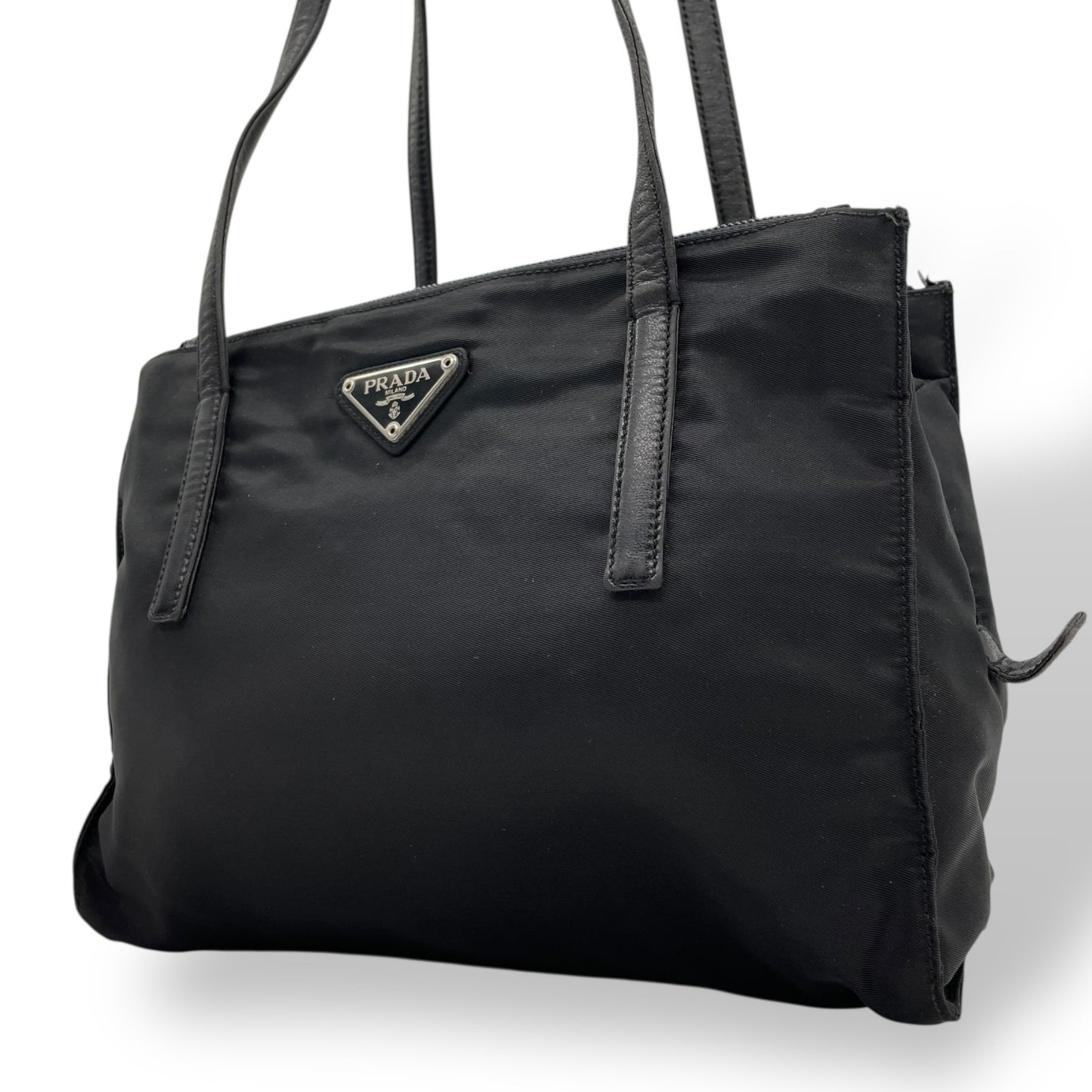 Authentic PRADA Tote Bag Black Nylon Shoulder Bag Triangle Logo Silver Hardware A4 Storage Zipper Women's Tessuto