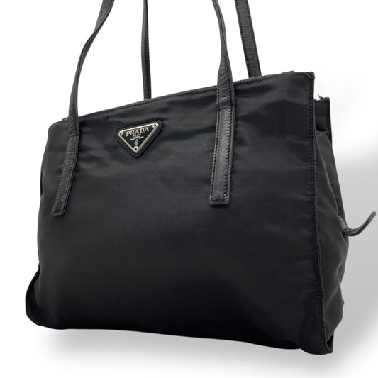 Authentic PRADA Tote Bag Black Nylon Shoulder Bag Triangle Logo Silver Hardware A4 Storage Zipper Women's Tessuto