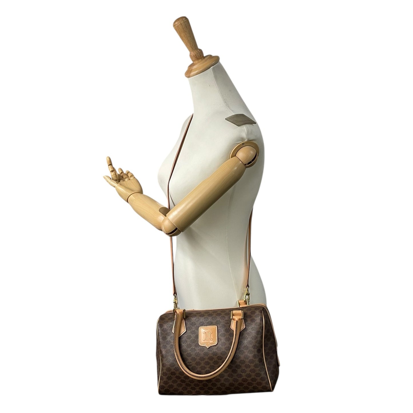 Authentic CELINE Trionf Monogram 2WAY Handbag Mini Boston Bag Shoulder Bag Leather Brown Gold Hardware Zipper Crossbody Women's