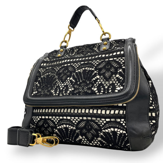 Authentic DOLCE&GABBANA Sicily Heritage 2WAY Handbag Tote Shoulder Bag Black White Ivory Lace Leather Gold Hardware Women's