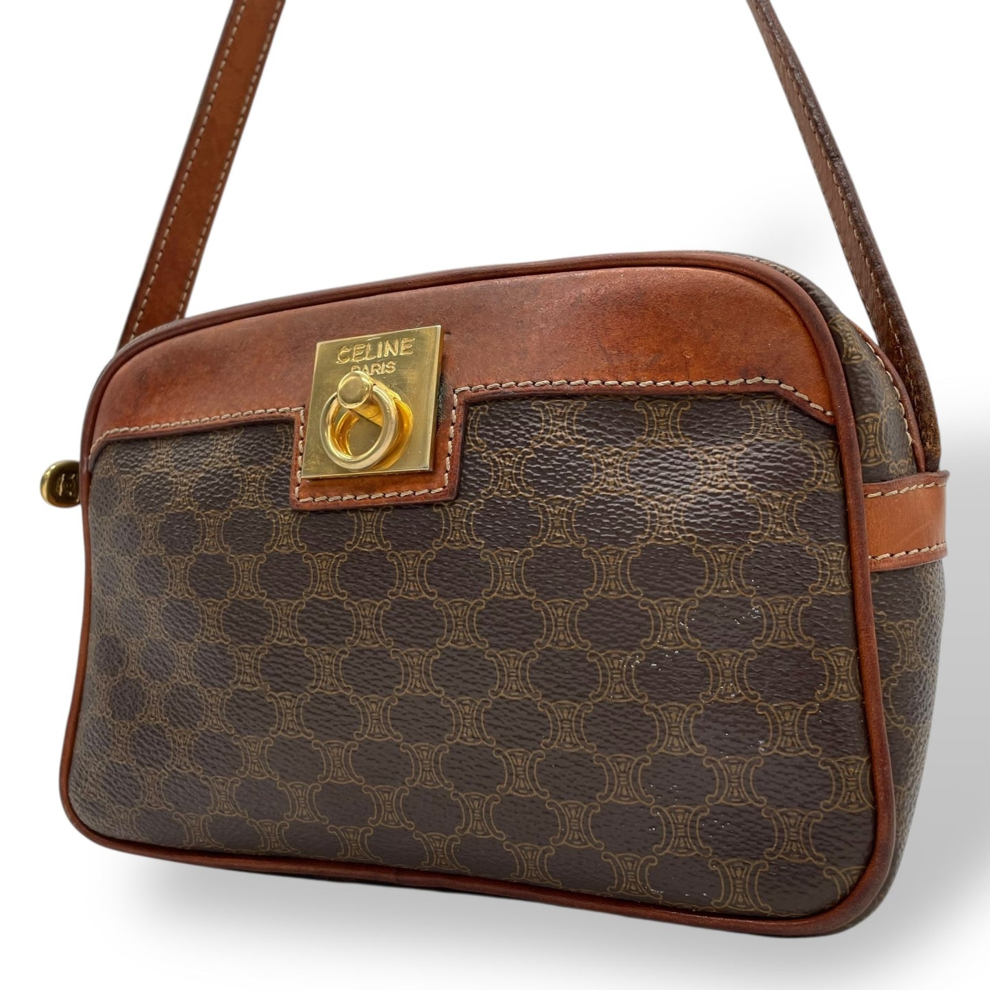 Authentic CELINE Vintage Macadam Shoulder Bag Trionf Camera Bag Brown PVC Leather Gold Hardware Women's Adjustable Strap Crossbody