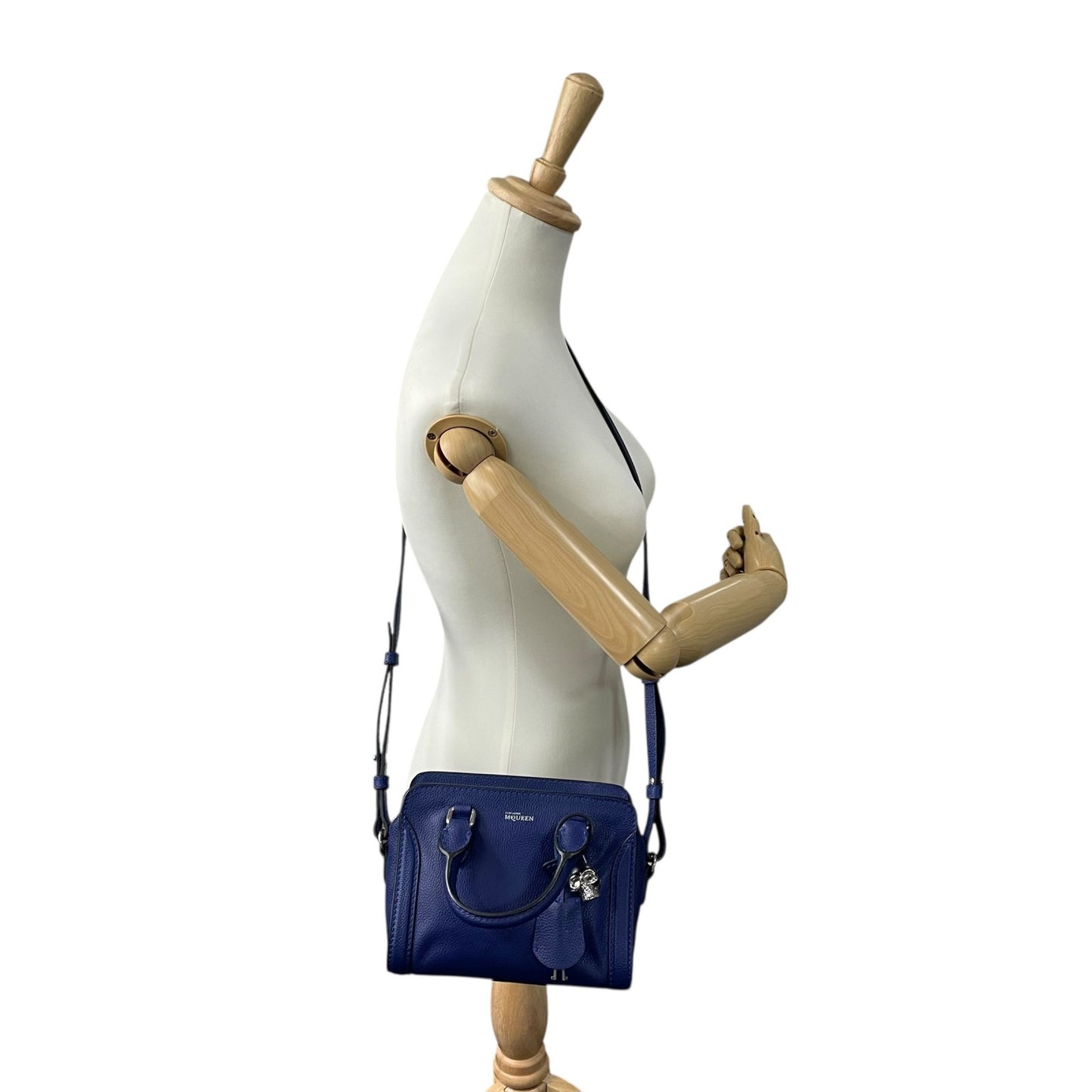 Authentic ALEXANDER McQUEEN 2WAY Handbag Shoulder Bag Skull Padlock Blue Leather Women's Crossbody