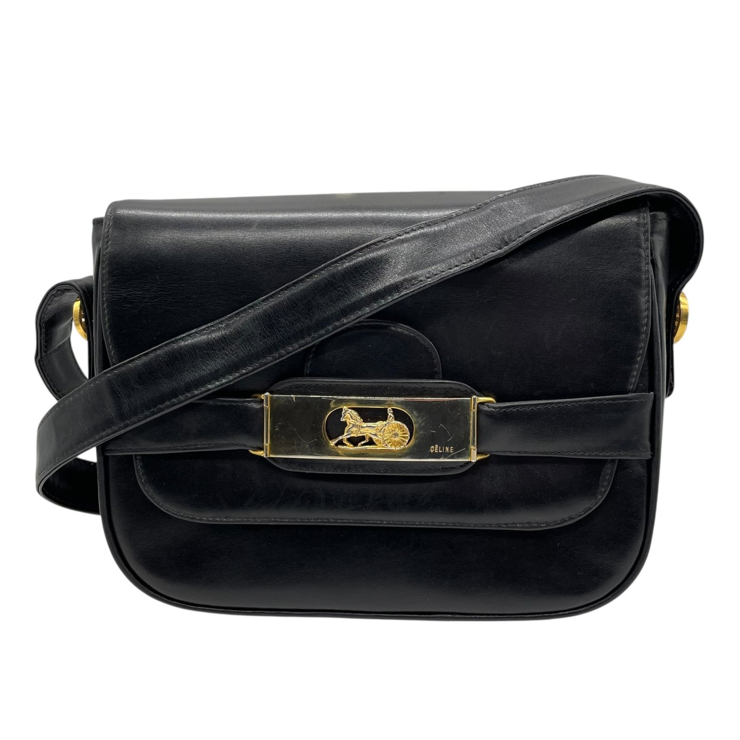 Authentic CELINE Shoulder Bag Black Leather Horse Carriage Gold Hardware Vintage Women's Crossbody