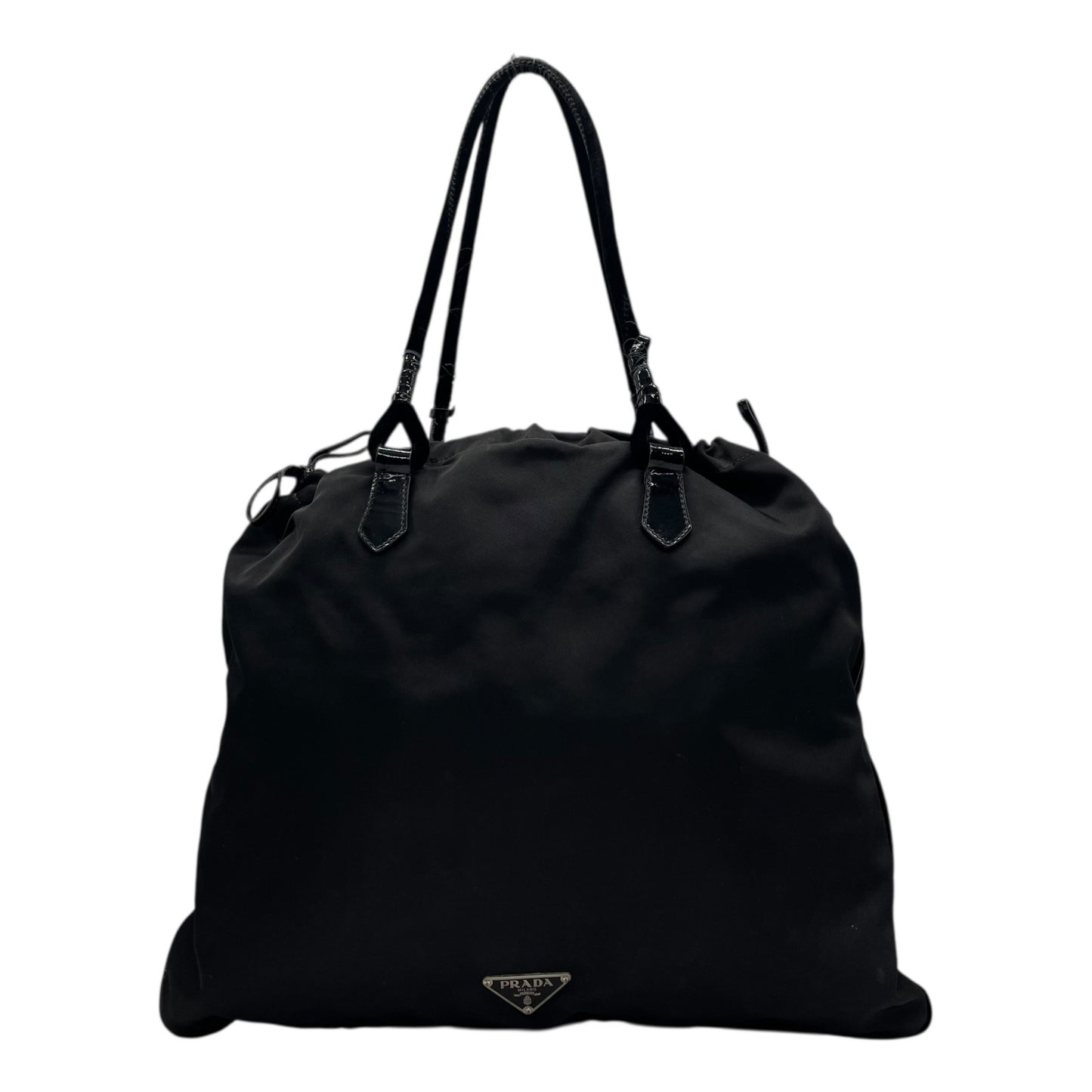Authentic PRADA Black Handbag Tote Triangular Logo Plate Nylon Patent Leather Silver Hardware Shoulder Bag Men's Women's