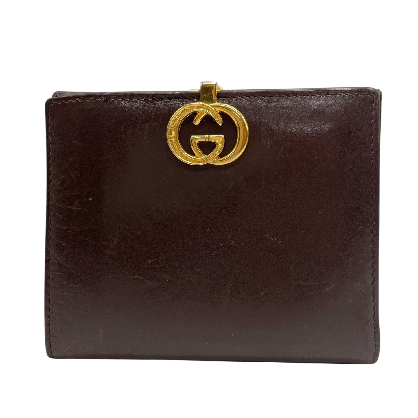 美品 GUCCI グッチ レザー 二つ折り財布 ボルドー ブラウン ゴールド金具 インターロッキング 035-904 ヴィンテージ レディース オールドグッチ M4