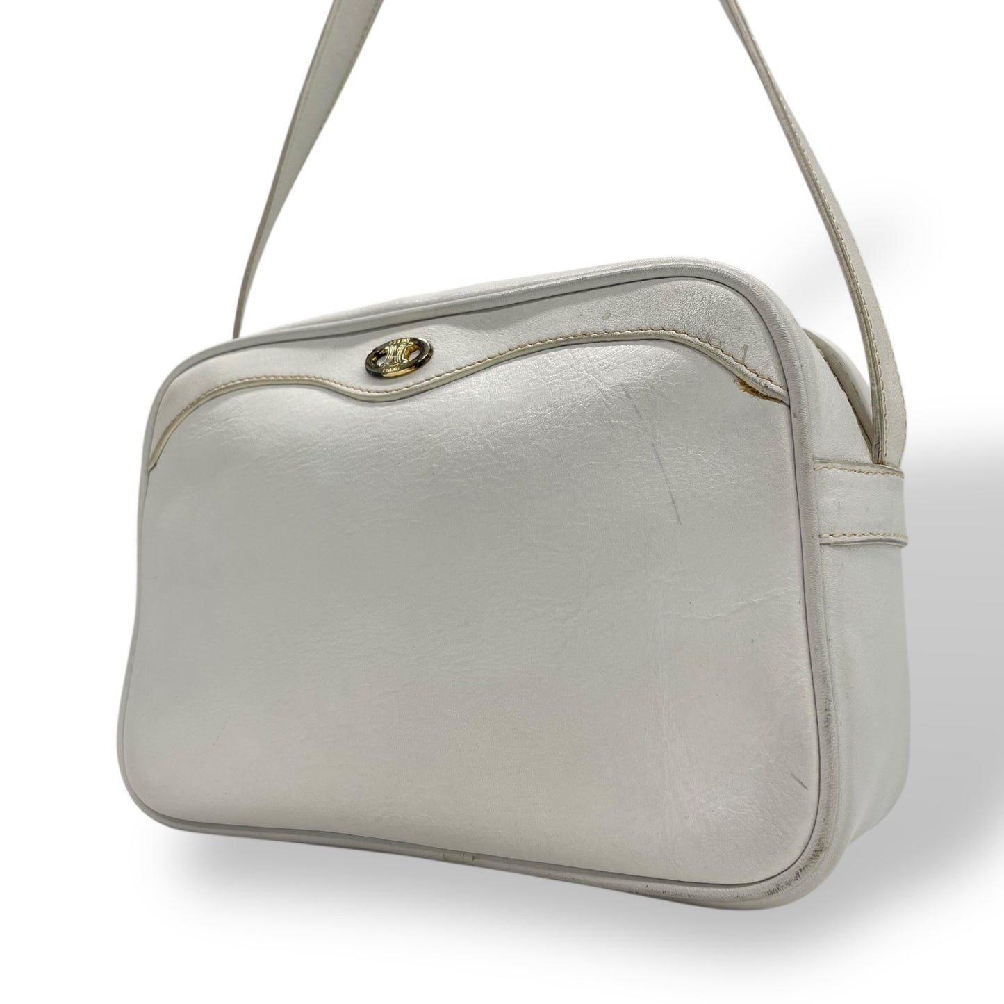 Authentic CELINE White Leather Shoulder Bag Trionf Camera Bag Gold Hardware Vintage Women's