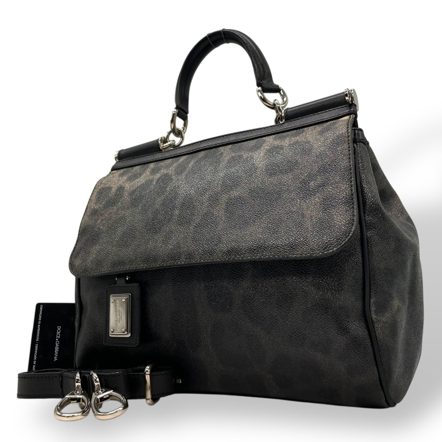 美品 DOLCE&GABBANA ドルチェ＆ガッバーナ シシリー 2WAY ハンドバッグ ショルダーバッグ ドルガバ レオパード ヒョウ柄 レザー PVC 黒 ブラック ダークグレー レディース D&G フラップ開閉 シルバー金具 ギャランティカード付き B2