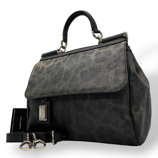 美品 DOLCE&GABBANA ドルチェ＆ガッバーナ シシリー 2WAY ハンドバッグ ショルダーバッグ ドルガバ レオパード ヒョウ柄 レザー PVC 黒 ブラック ダークグレー レディース D&G フラップ開閉 シルバー金具 ギャランティカード付き B2