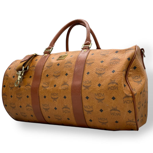 美品 MCM エムシーエム ヴィセトス ボストンバッグ 2WAY ショルダーバッグ 茶 ブラウン コニャック レザー ゴールド金具 手提げ 斜め掛け可 ロゴ レディース X