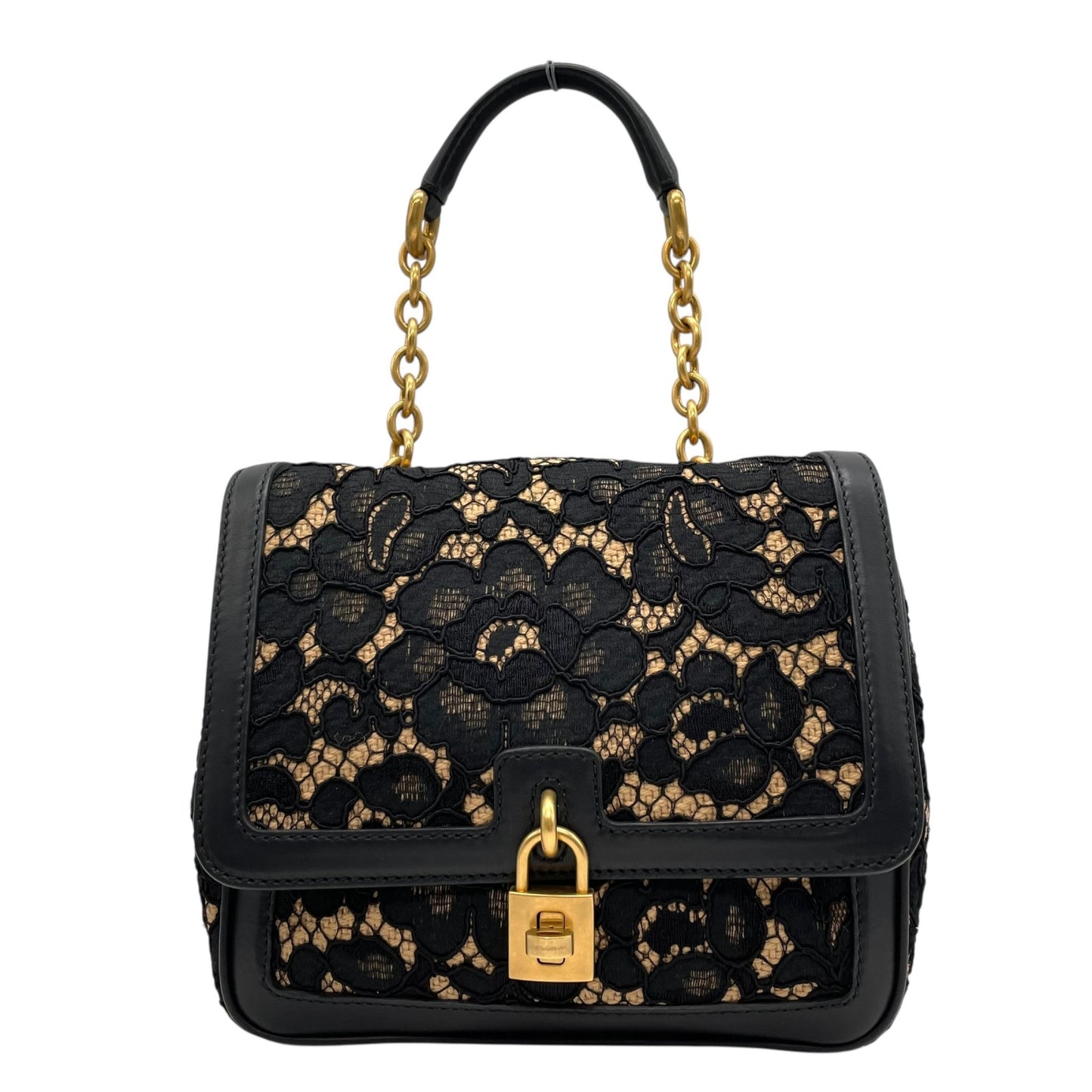 極美品 DOLCE&GABBANA ドルチェ＆ガッバーナ ドルガバ Miss Dolce 2WAY ハンドバッグ ショルダーバッグ レース レザー ベージュ ブラック 黒 レディース D&G ゴールド金具 パドロック 斜め掛け可 内側レオパード C