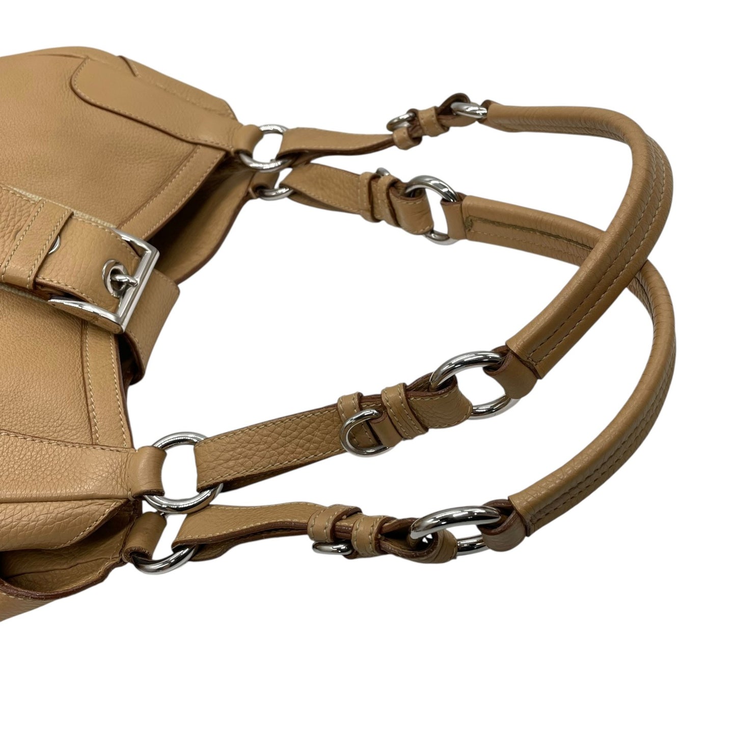 PRADA プラダ ワンショルダーバッグ ライトブラウン ベージュ レザー シボ革 トライアングルロゴ ベルトデザイン シルバー金具 C4