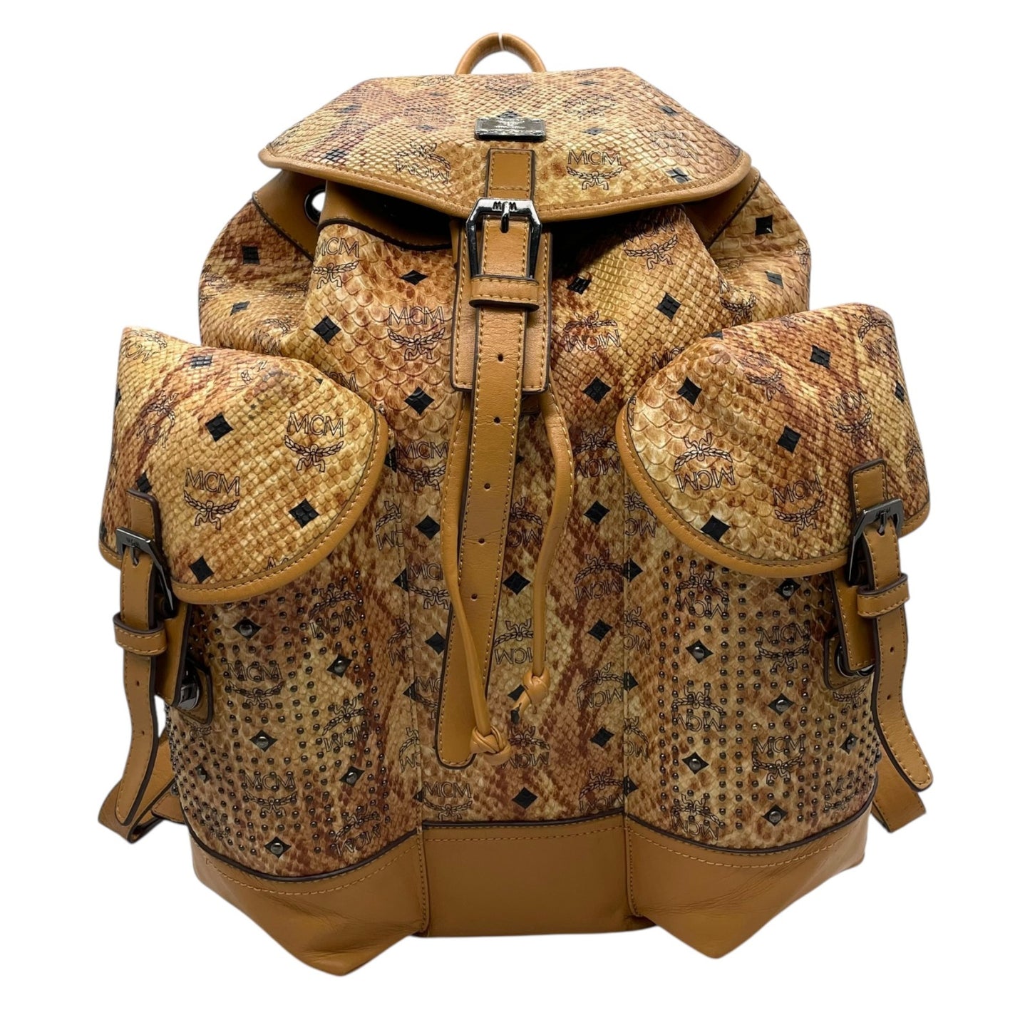 希少 MCM エムシーエム ヴィセトス ロゴグラム リュックサック バックパック 型押し スタッズ ダブルポケット 茶 ブラウン コニャック レザー ブラック金具 レディース R