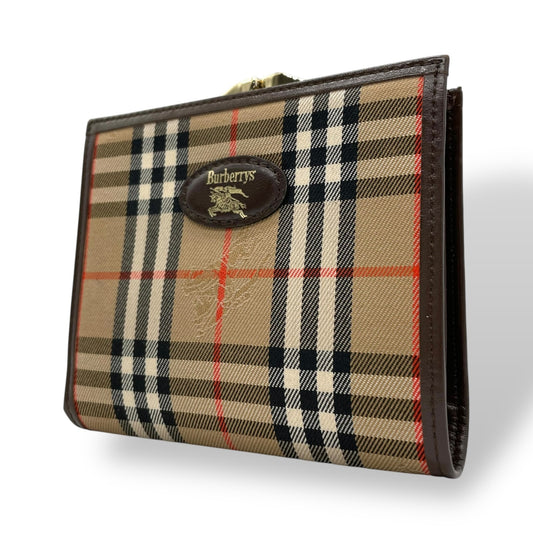 未使用級 Burberry バーバリー ノバチェック シャドーホース 二つ折り財布 がま口 ブラウン ベージュ キャンバス レザー ゴールド金具 ホースロゴ レディース ヴィンテージ M5