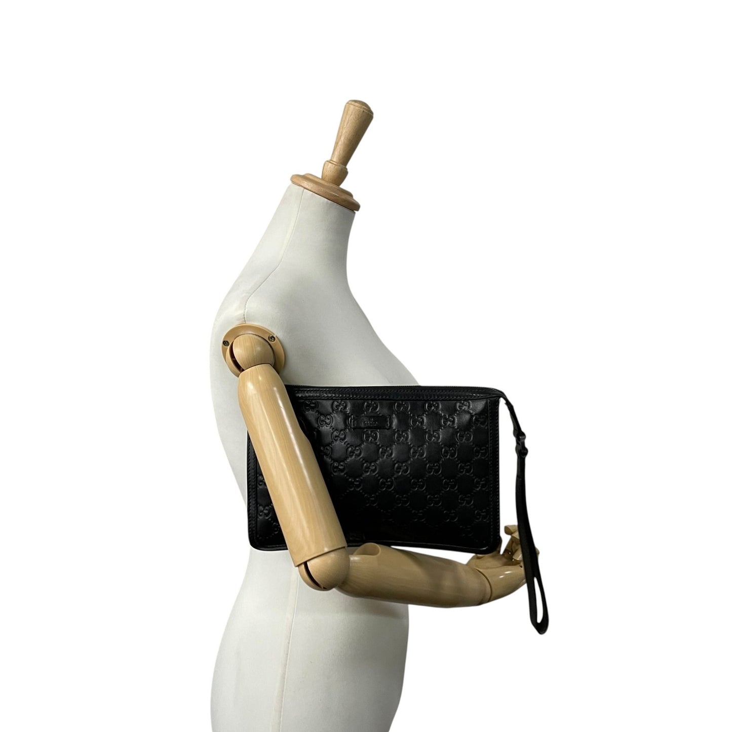 Authentic GUCCI Guccissima GG Clutch Bag Black Leather Silver Hardware With Strap