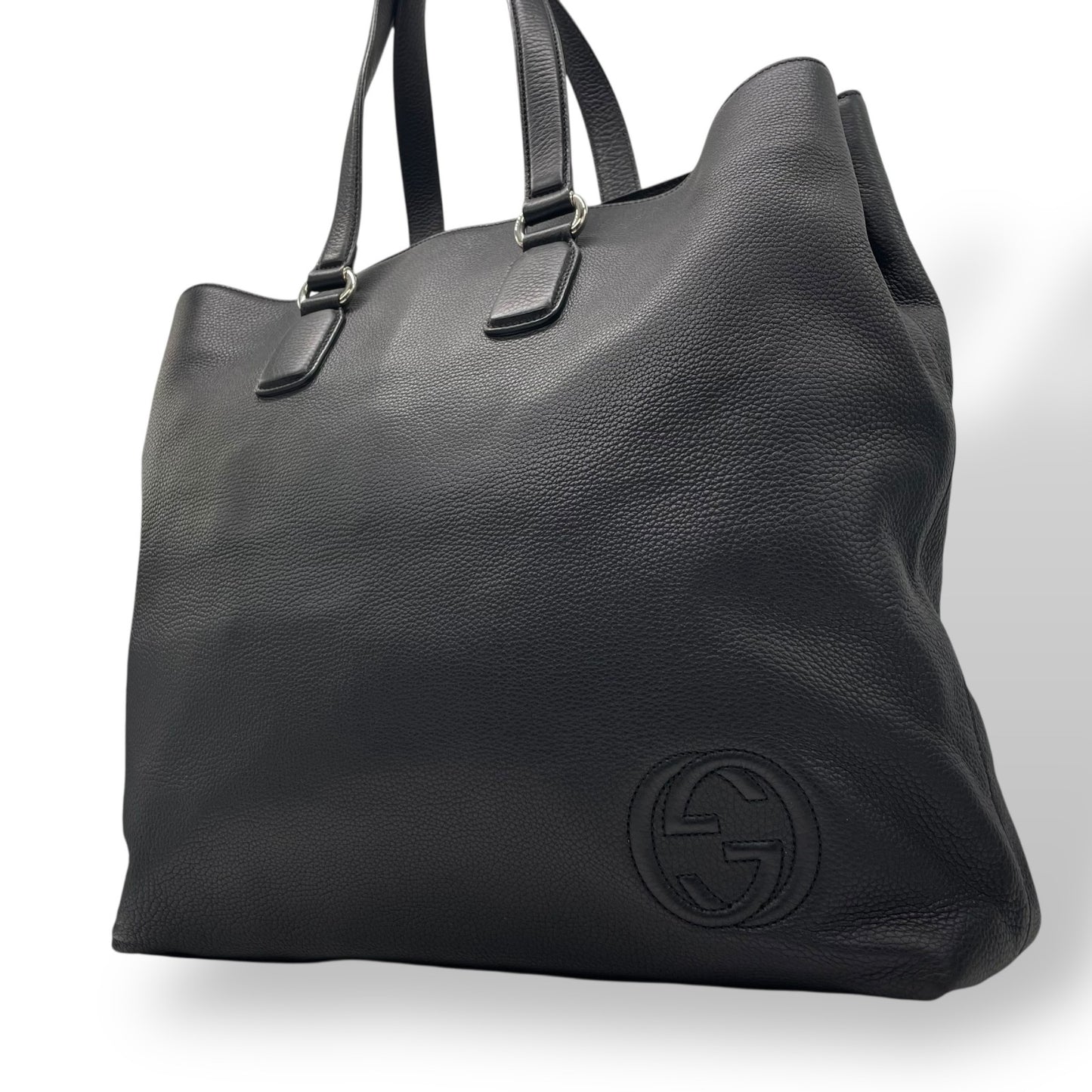 Authentic GUCCI Soho Tote Bag Black Leather Silver GG Logo Interlocking G Shoulder