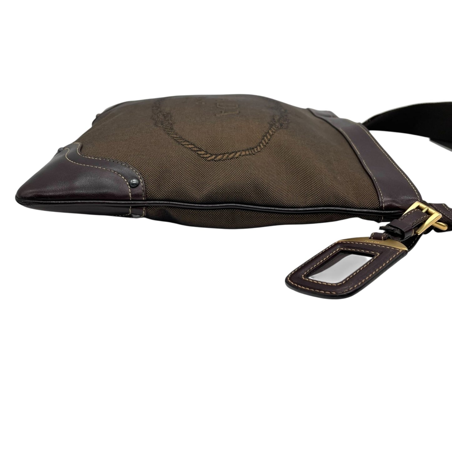 Authentic PRADA Logo Jacquard Large Logo Canvas Leather Shoulder Bag Brown Crossbody Women