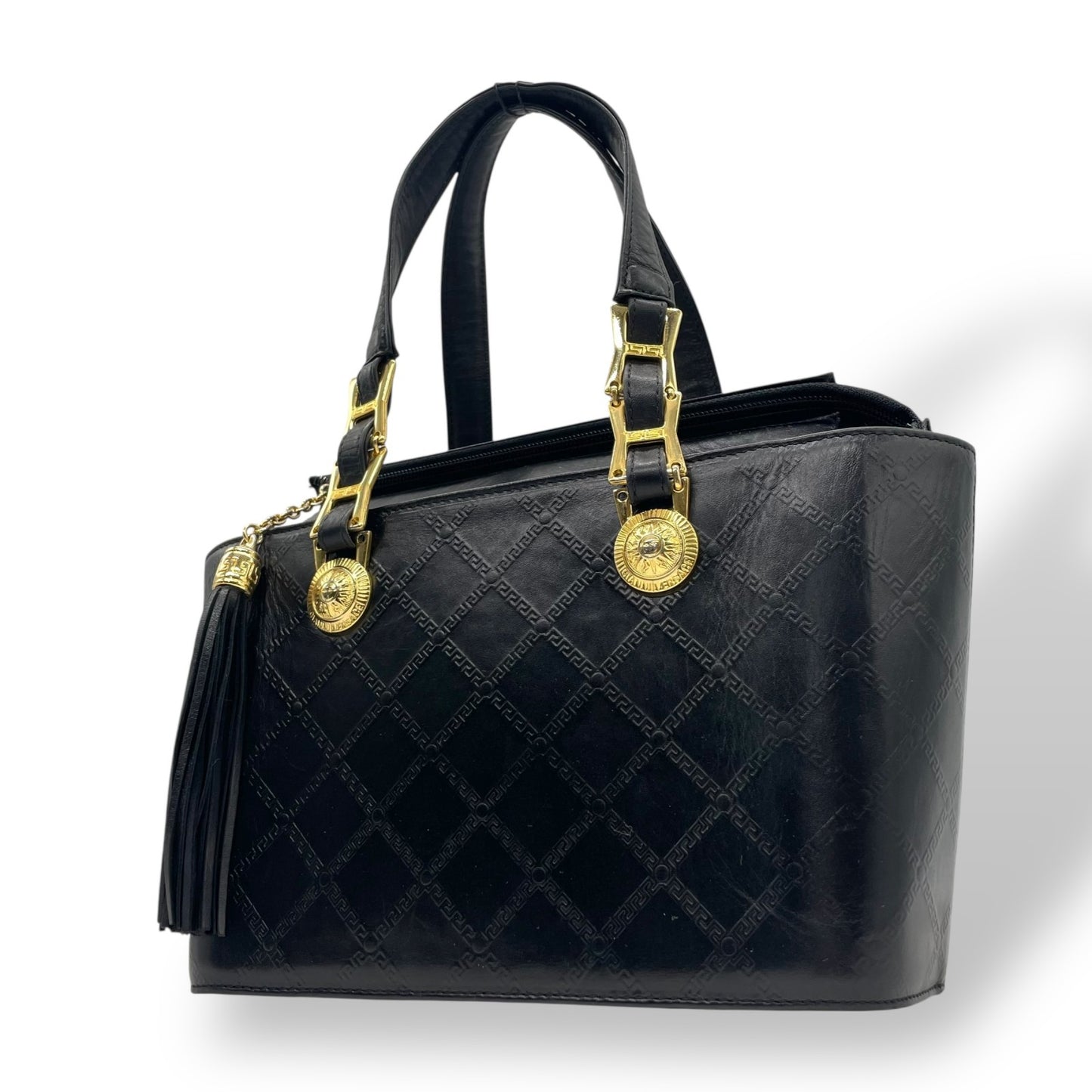 Authentic GIANNI VERSACE Vintage Mini Handbag Tote Black Leather Gold Hardware Fringe Tassel Women