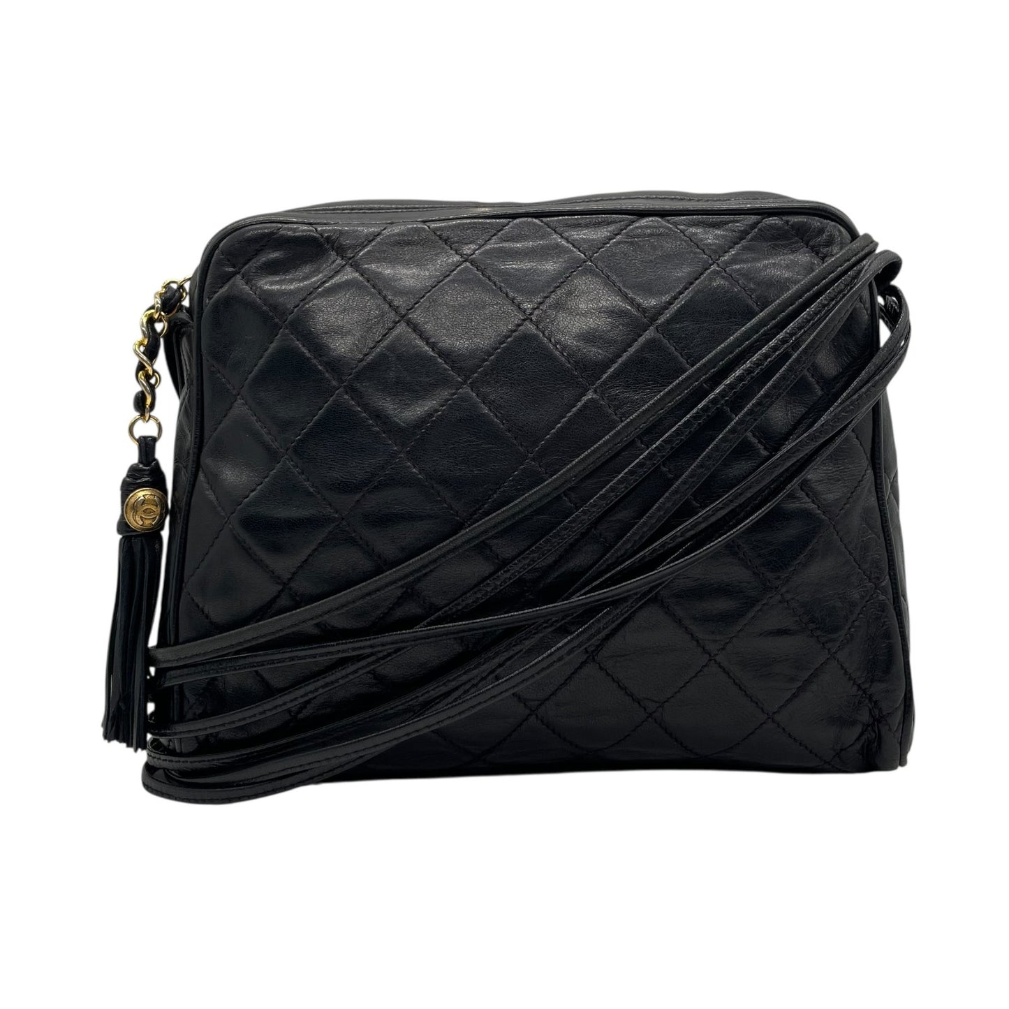 Authentic CHANEL Matelasse Fringe Shoulder Bag Black Leather Vintage Gold Crossbody