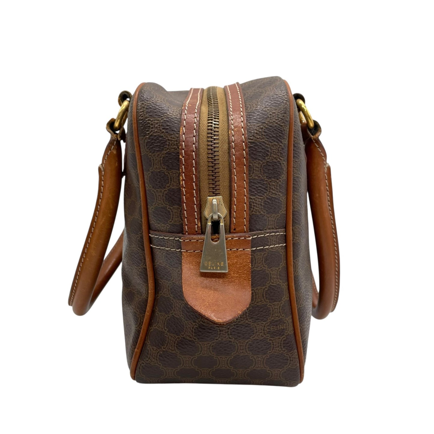 CELINE セリーヌ マカダム 2WAY ハンドバッグ ショルダーバッグ PVC レザー 茶 ブラウン ゴールド金具 斜め掛け可 レディース ヴィンテージ D3