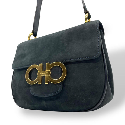 Authentic Salvatore Ferragamo Double Gancini Suede Shoulder Bag Navy Gold Women