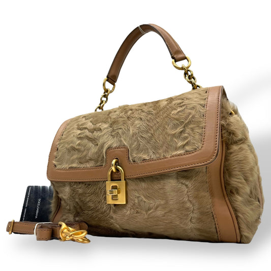 Authentic DOLCE&GABBANA Sicily 2WAY Handbag Shoulder Bag Beige Fur Leather