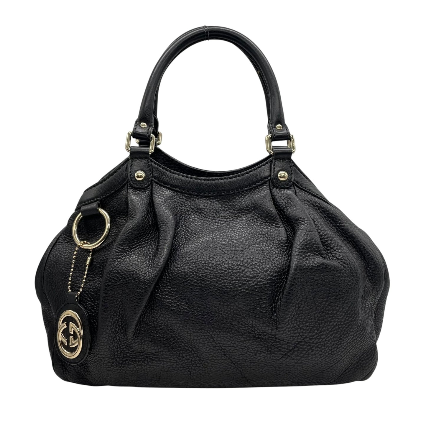 美品 GUCCI グッチ スーキー ハンドバッグ 黒 ブラック レザー シボ革 ゴールド金具 ギャザー インターロッキングG チャーム ヴィンテージ ホーボー レディース Z3