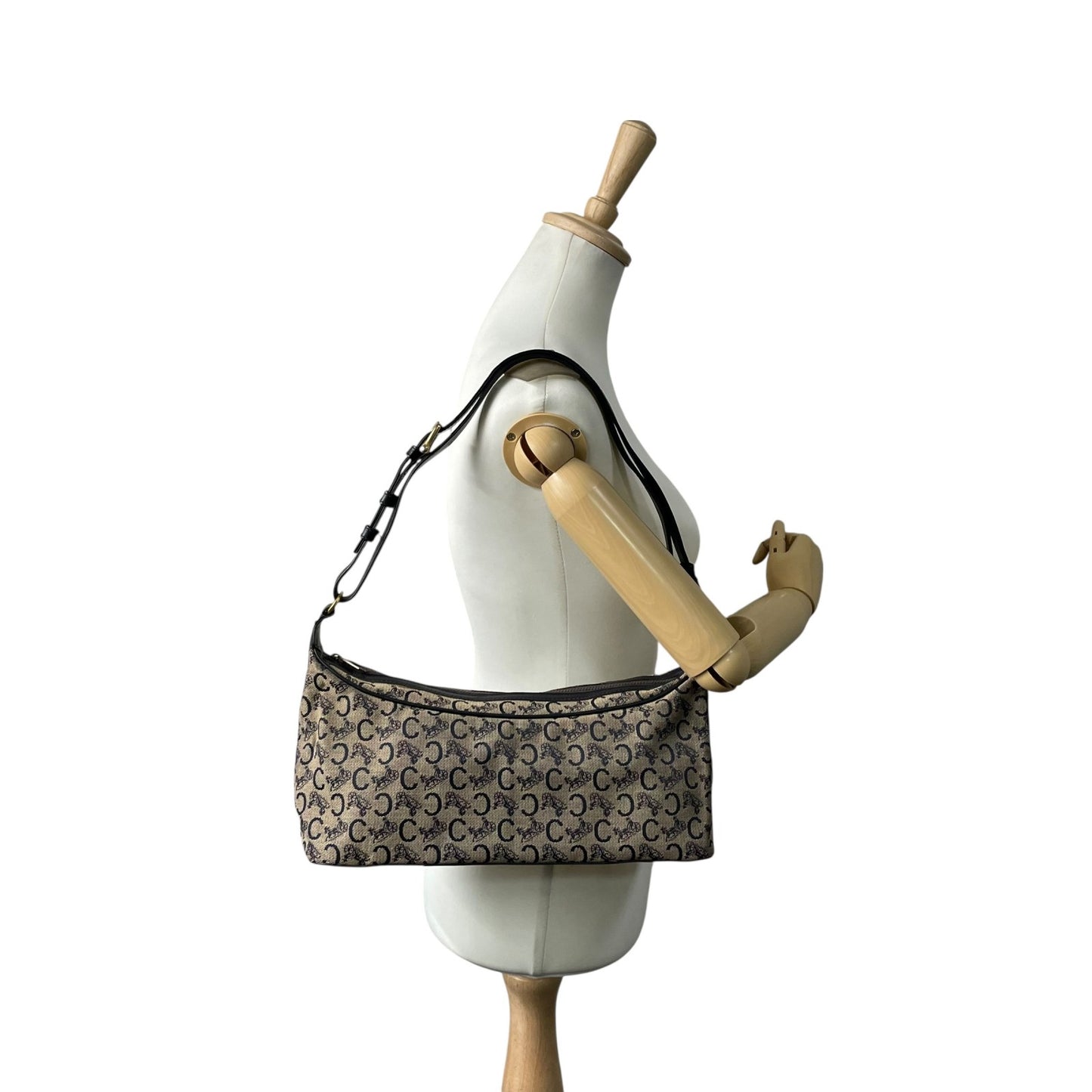 Authentic CELINE CMacadam Triomphe Canvas Leather Shoulder Bag Beige Black