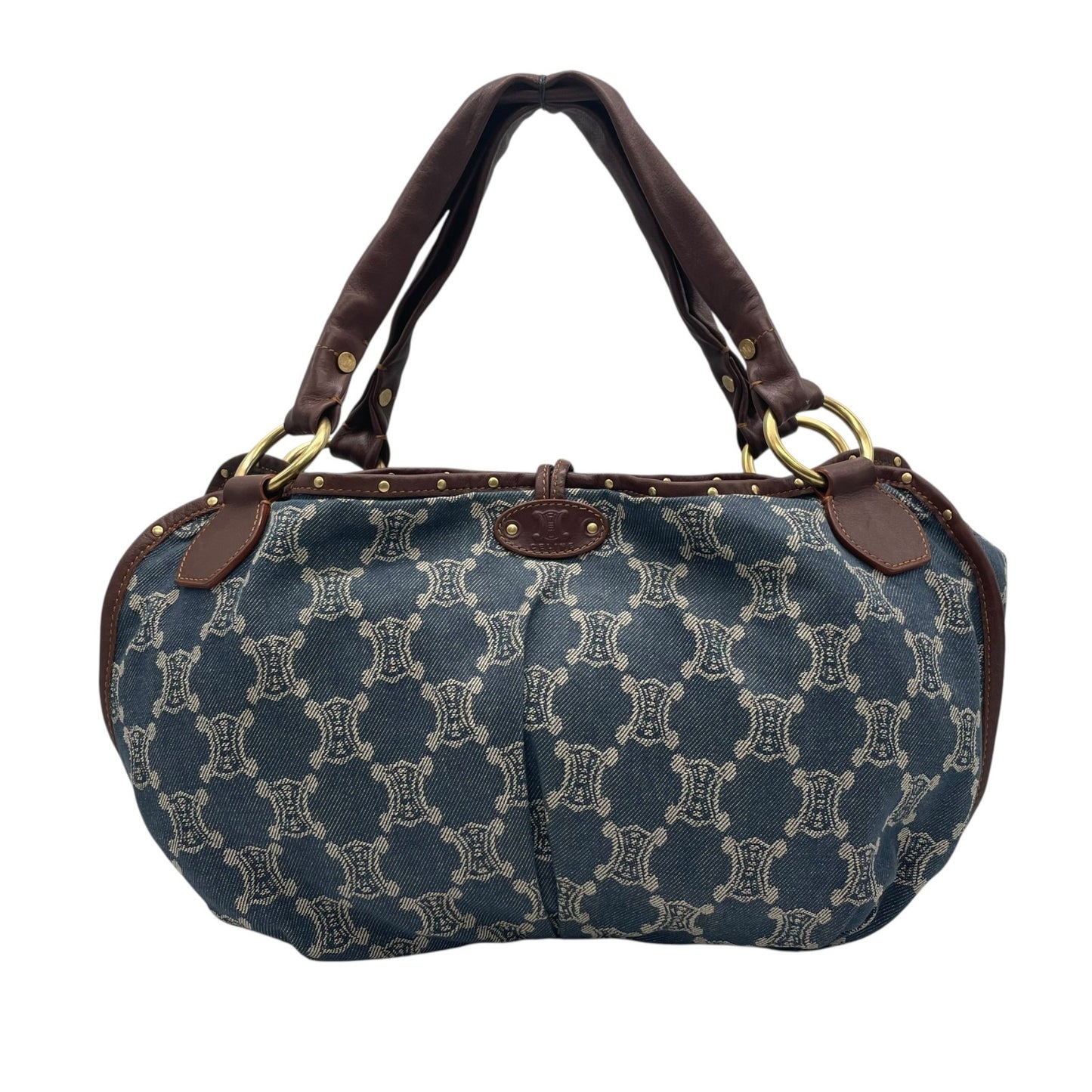 Authentic CELINE Pari Macadam Triomphe Denim Leather Handbag Brown Hardware