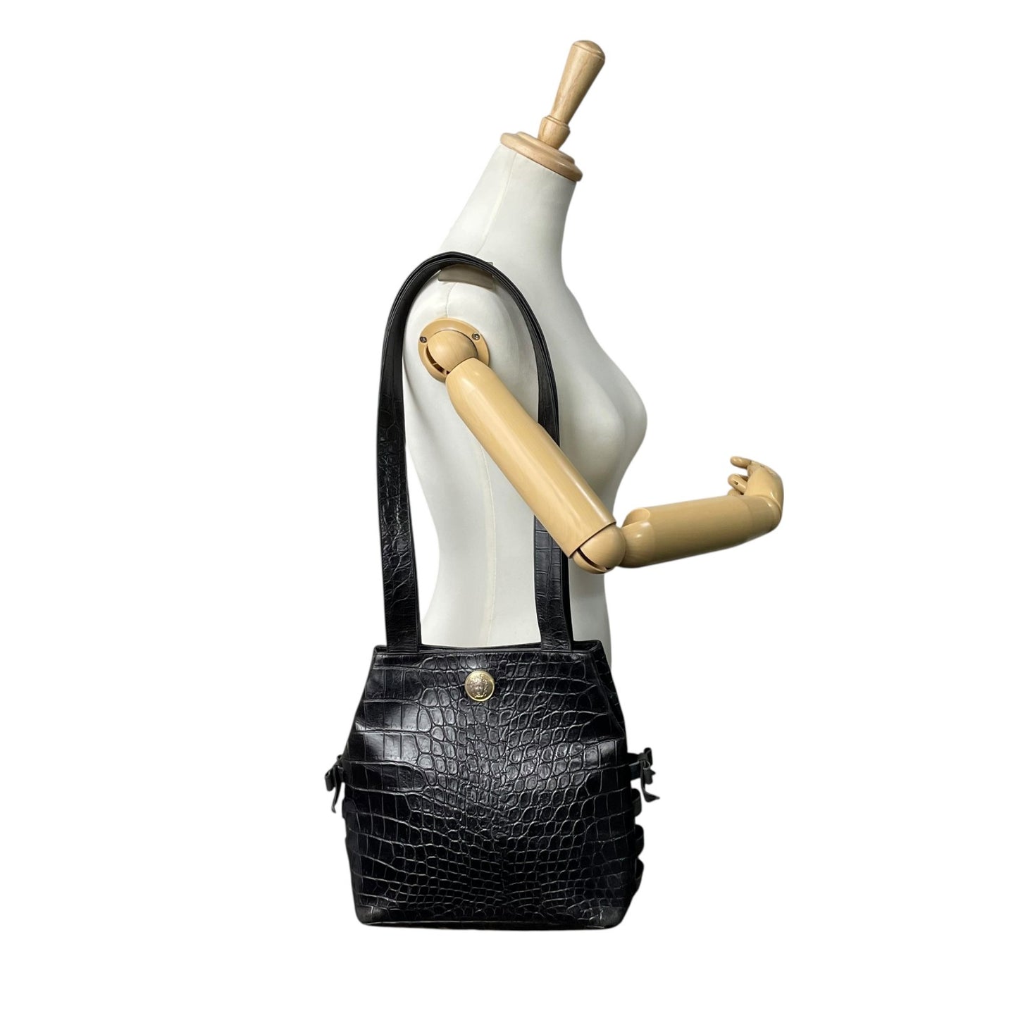 Authentic VERSACE Medusa Embossed Leather Tote Handbag Black Gold