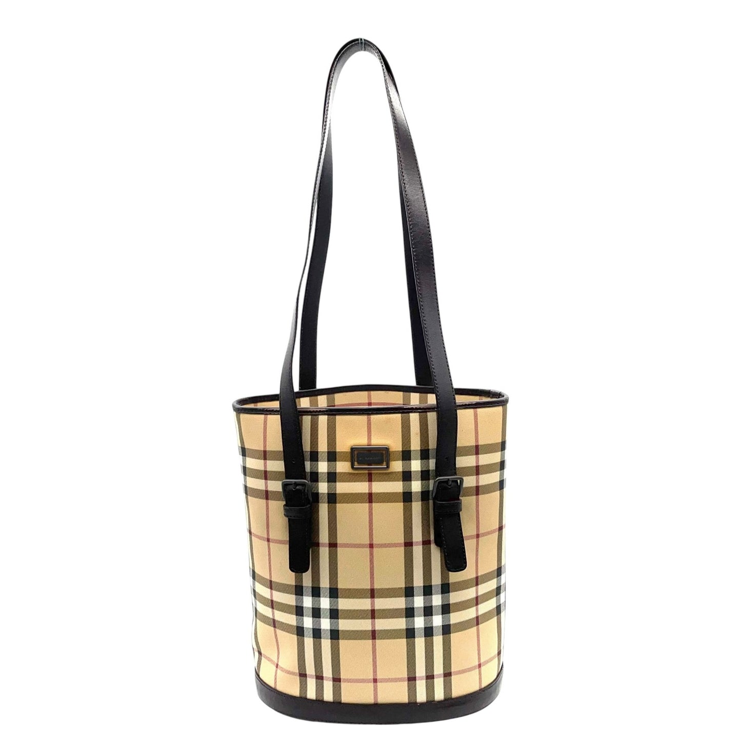 美品 BURBERRY バーバリー ノバチェック バケツ型 ショルダーバッグ トートバッグ PVC レザー ベージュ レッド ダークブラウン メンズ レディース 肩掛け C3