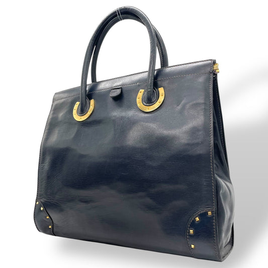 GUCCI グッチ ハンドバッグ トートバッグ ネイビー 紺色 レザー 本革 ゴールド金具 ヴィンテージ オールドグッチ 上品 高級感 通勤 通学 D1