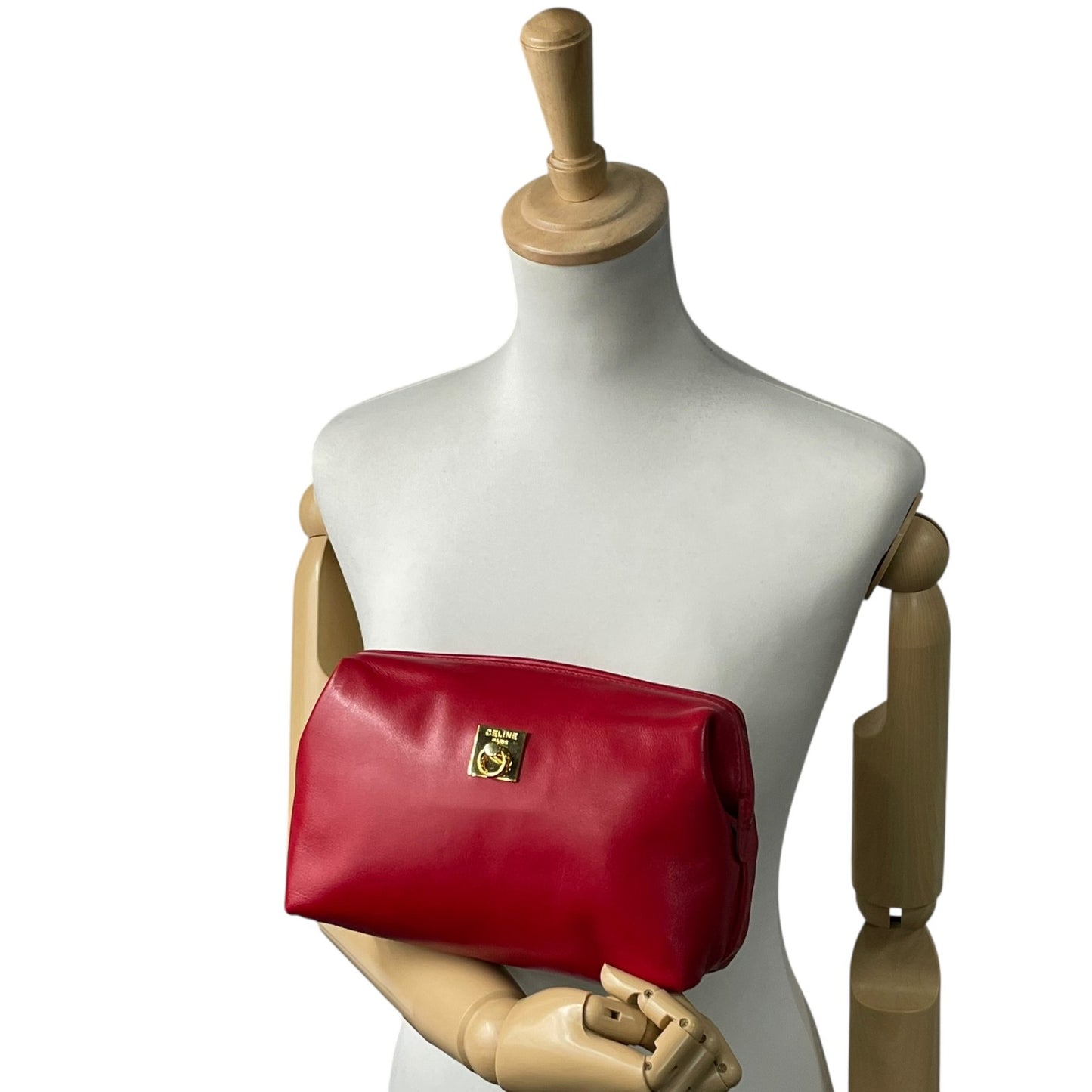 美品 CELINE セリーヌ オールドセリーヌ ポーチ メイクポーチ 化粧ポーチ クラッチバッグ 赤 レッド レザー ゴールド金具 ロゴ ヴィンテージ レディース ヴィンテージ K6