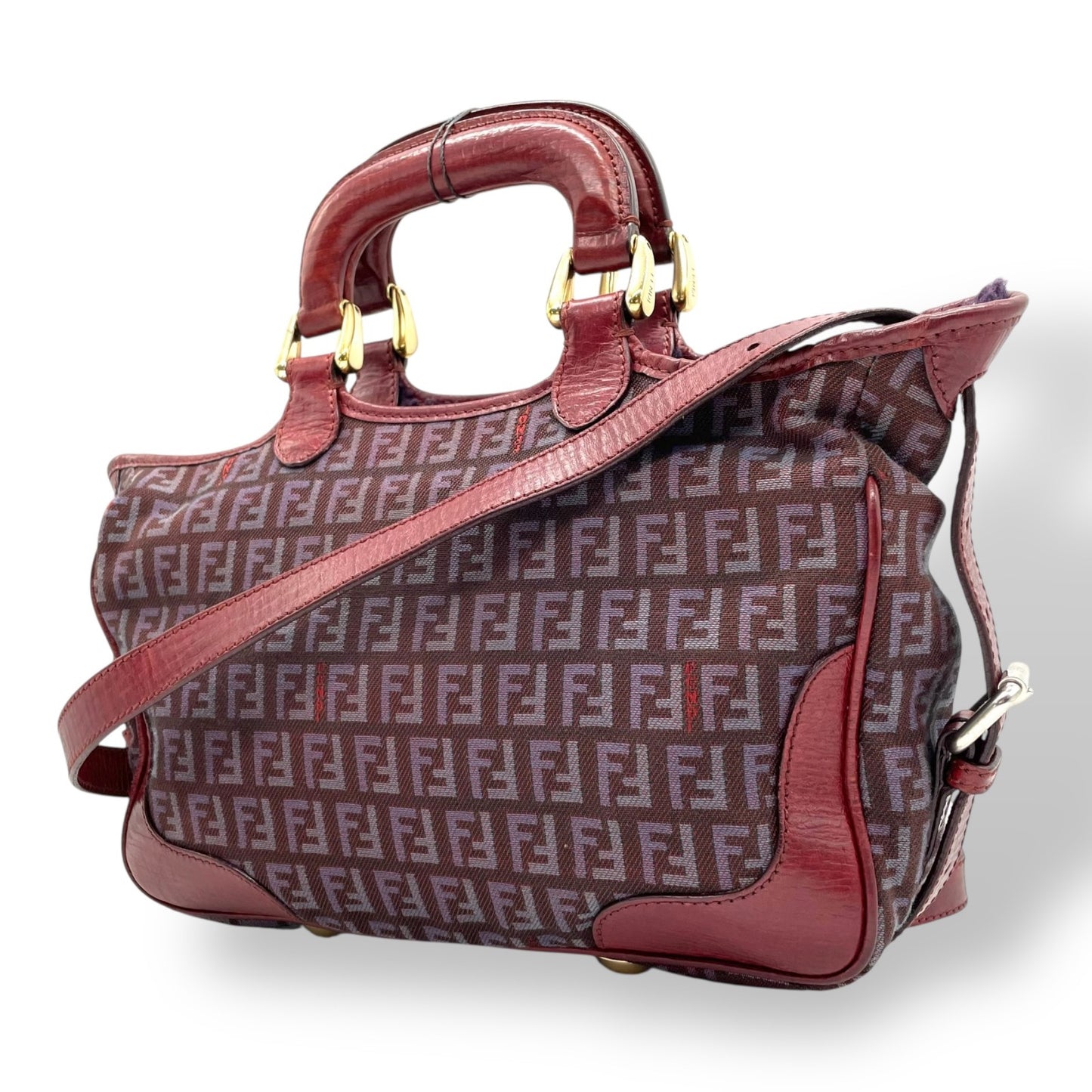 美品 希少カラー FENDI フェンディ ズッキーノ 2WAY ハンドバッグ ショルダーバッグ 赤紫 ワインレッド パープル系 キャンバス レザー ゴールド金具 ズッカ柄 レディース