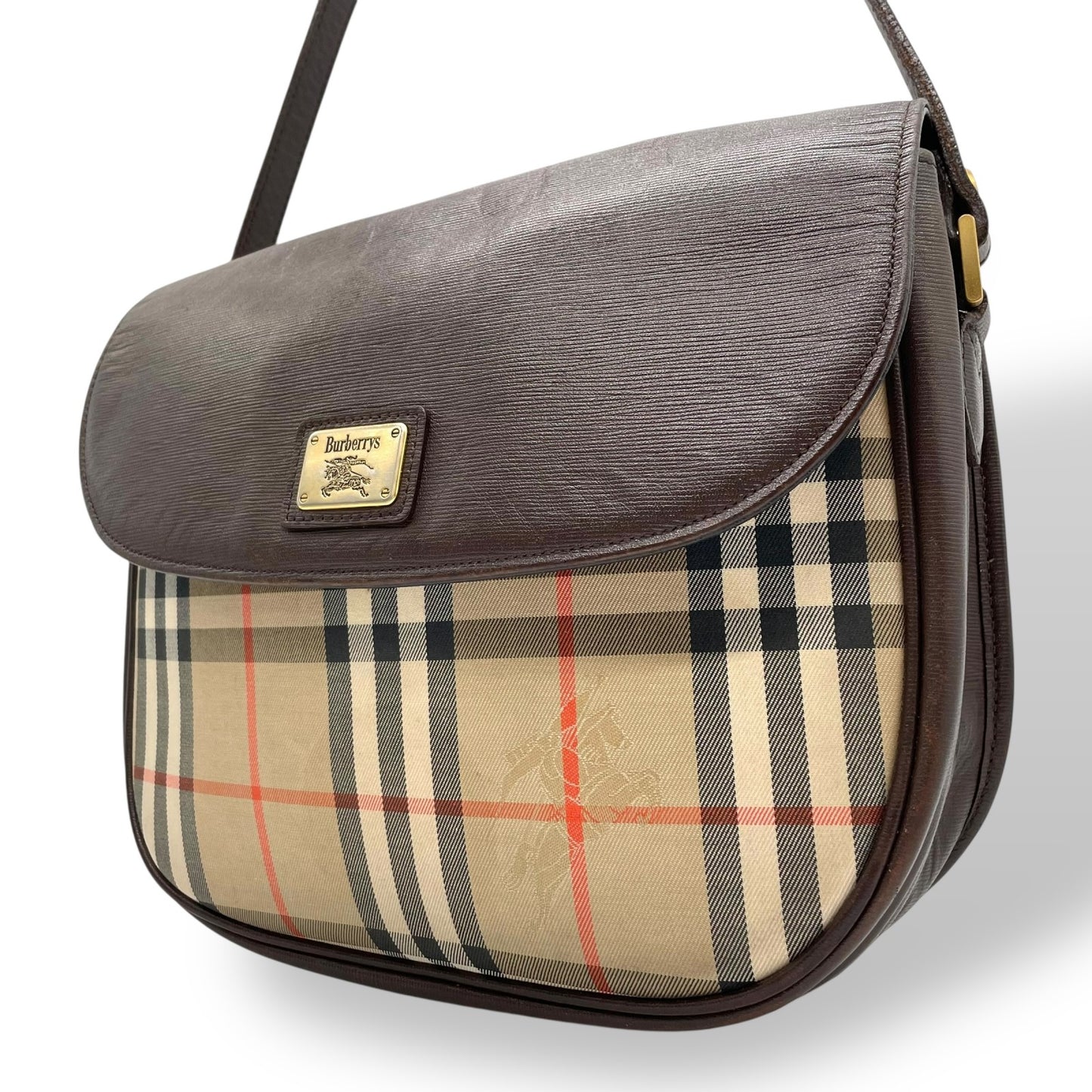 Burberry バーバリー ショルダーバッグ サコッシュ フラップ ノバチェック キャンバス×レザー ブラウン ホースロゴ シャドーホース ゴールド金具 クロスボディ ヴィンテージ アーカイブ ユニセックス K2