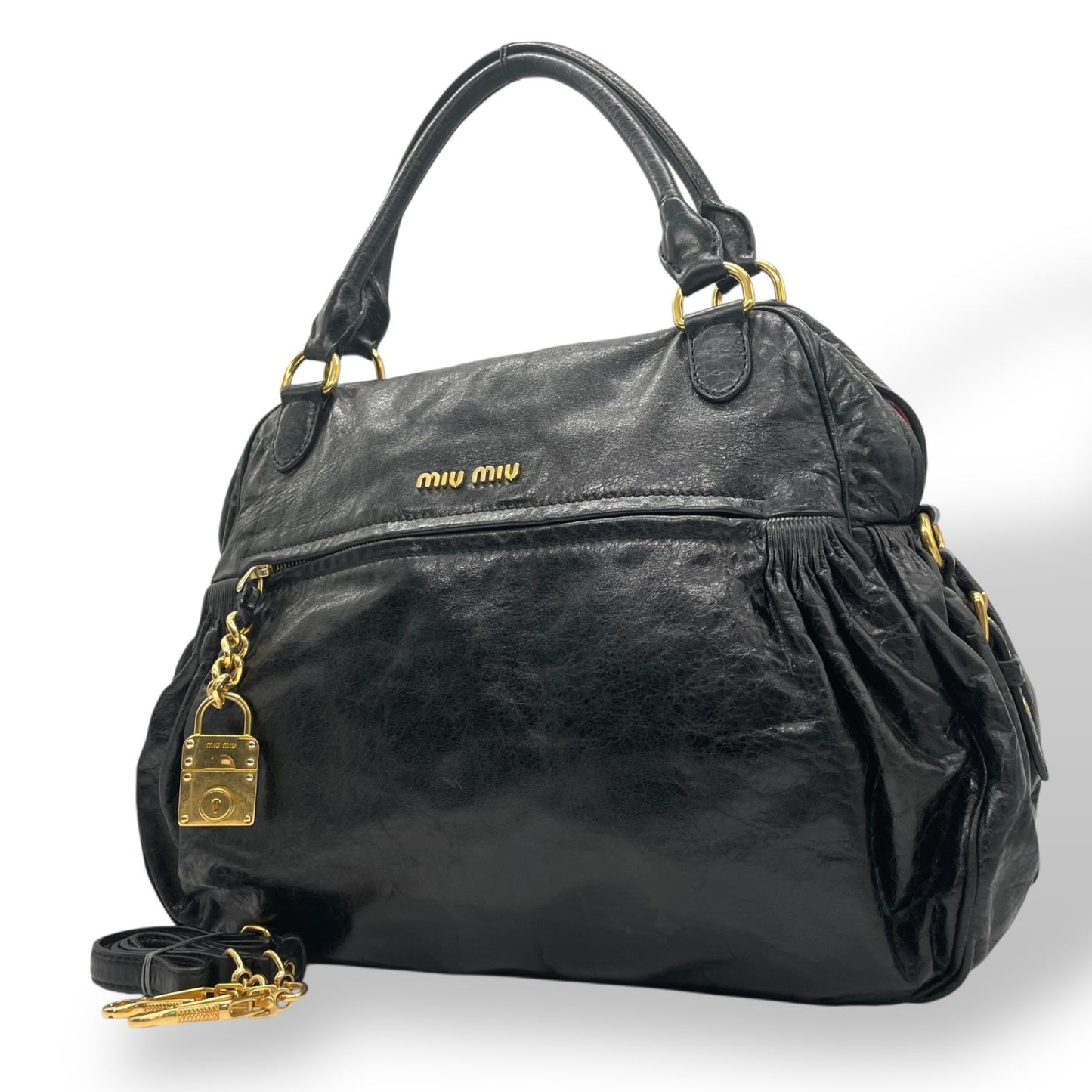 美品 miumiu ミュウミュウ 2WAY ハンドバッグ ショルダーバッグ 黒 ブラック レザー ゴールド金具 肩掛け可 カデナチャーム アーカイブ レディース ヴィンテージ D