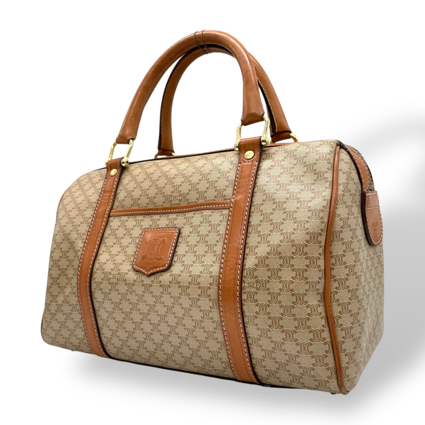 美品 セリーヌ CELINE マカダム柄 ボストンバッグ ハンドバッグ ブラウン 茶色 ベージュ トリオンフロゴ PVC×レザー ヴィンテージ 大容量 バッグ B