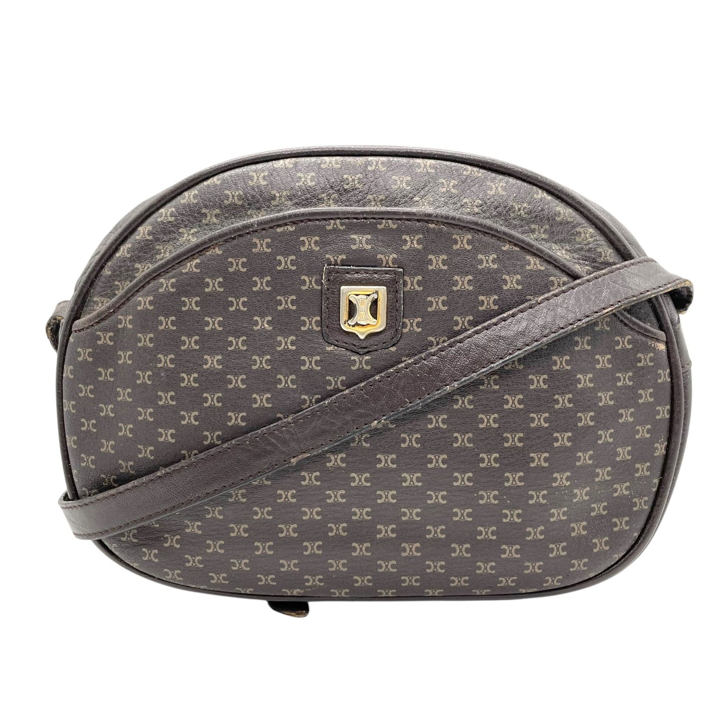 CELINE オールドセリーヌ マカダム柄 トリオンフ ショルダーバッグ 茶 ブラウン レザー ゴールド金具 斜め掛け可 ミニバッグ ポシェット レディース ヴィンテージ B1